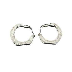 Crown Trifari Brushed Silver Tone Hoop Clip Earrings Faux Bois Vintage Signed